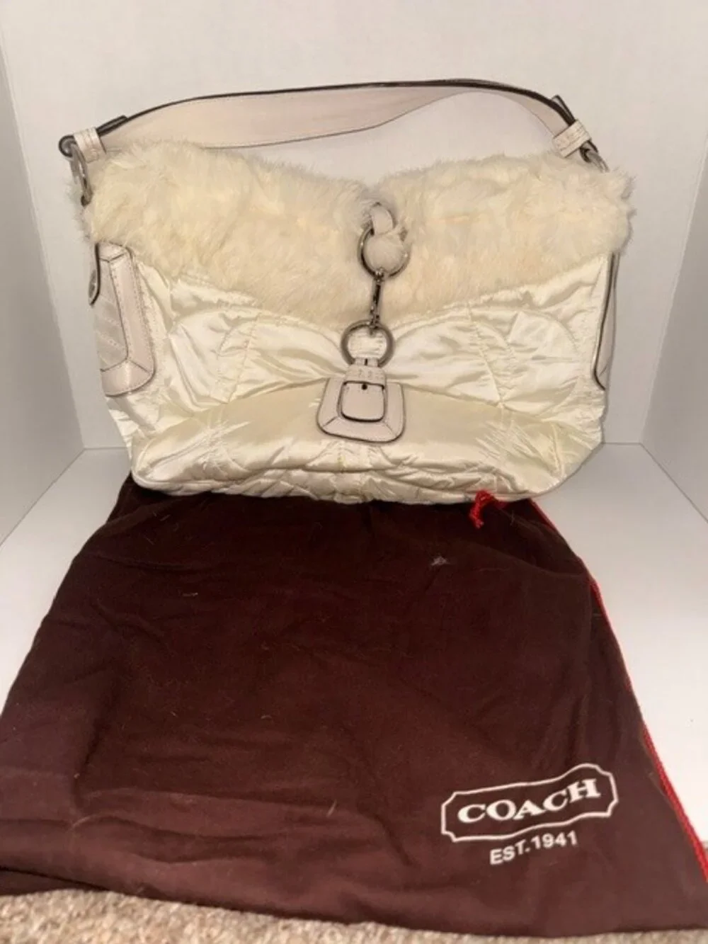 🤍 Authentic Coach White Satin & Faux Fur Hobo Bag